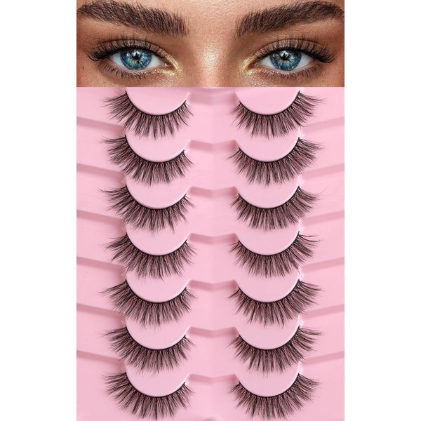 Cat Eye Lashes Natural Eyelashes 16MM False Eyelashes Wispy Thin Band Eyelashes 3D Volume False Lashes Soft Strip Lashes Pack C Curl Natural Eyelashes Fake Lashes 7 Pair EVENTILL