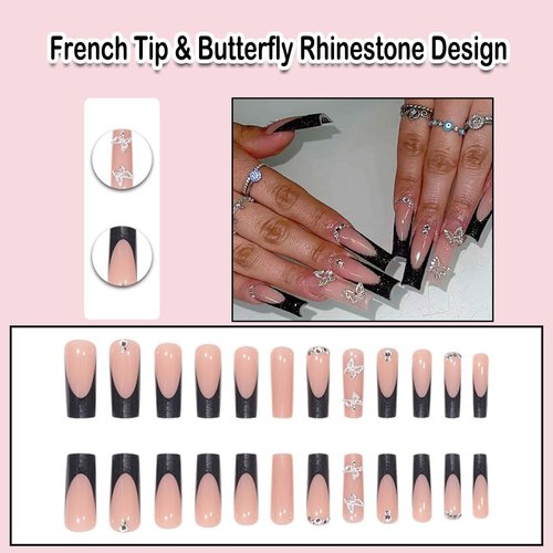 ANDGING French Tip Press on Nails Black Ballet Square Medium Long Fake Nails Glue on Nails with Butterfly Rhinestone Design Acrylic Women False Nails with Glue Gel Stick on Nail for Wedding AL588T