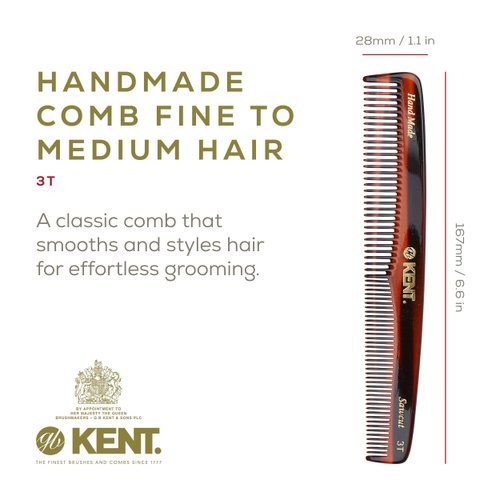 Kent 3T 6.5 Inch Double Tooth Dressing Comb, Fine and Wide Tooth Grooming Comb for Hair, Beard, Mustache and Styling for Men, Women, Kids, Made in England