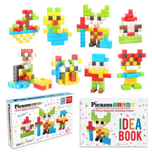 Picasso Cubes Kids Pixel 1” Magnetic Puzzle Cube 102 Piece Mix & Match with FREE Idea Book Sensory Toys STEAM Education Learning Building Block Magnets Construction ToySet Stacking Magnet Creative Kit