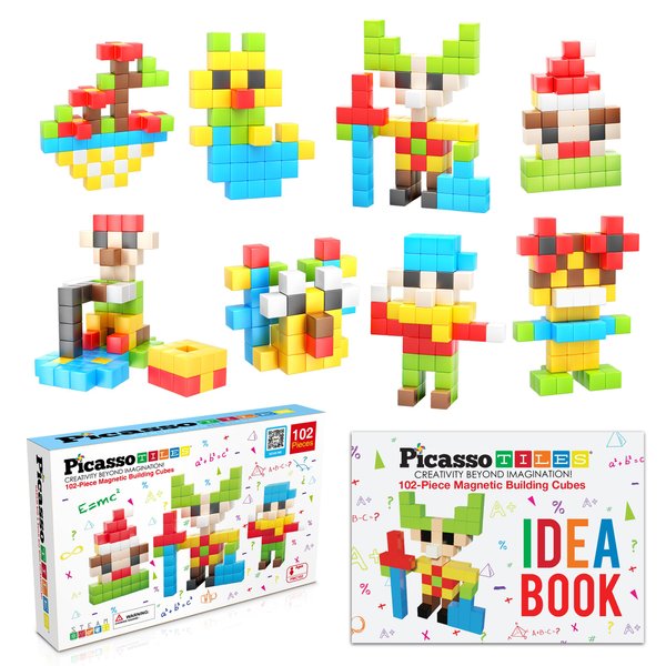 Picasso Cubes Kids Pixel 1” Magnetic Puzzle Cube 102 Piece Mix & Match with FREE Idea Book Sensory Toys STEAM Education Learning Building Block Magnets Construction ToySet Stacking Magnet Creative Kit