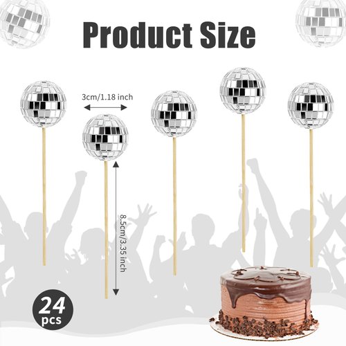 24 PCS Disco Ball Cupcake Toppers, Silver Small Mirror Ball Cake Toppers Reflective Mini Cake Decorations for 70s Disco Theme Dance Party Supplies