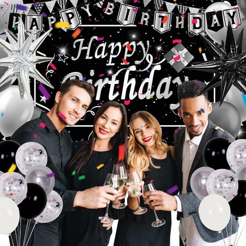 Silver and Black Birthday Decorations for Men Women Boys Girls 80 PCS White Black and Silver Party Decorations Happy Birthday Backdrop Banner Confetti Star White Silver Black Balloon Arch Tablecloth