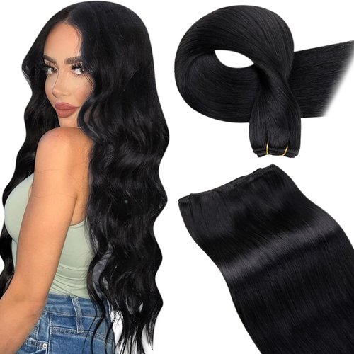 LaaVoo Sew in Hair Extensions Real Human Hair 24 Inch 120g Weft Hair Extensions Human Hair Jet Black Hair Extensions Weft Real Human Hair Double Weft Long Straight Hair #1