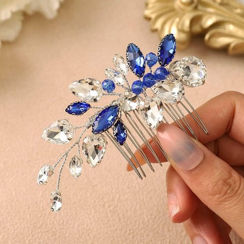 Eyret Blue Crystal Bride Wedding Hair Comb Silver Bridal Side Combs Rhinestone Hair Pieces Hair Accessories for Women and Girls
