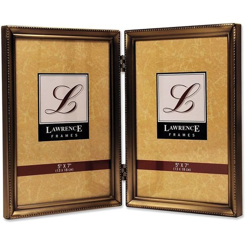 Antique Brass 5x7 Hinged Double Picture Frame - Bead Border Design (11457D)