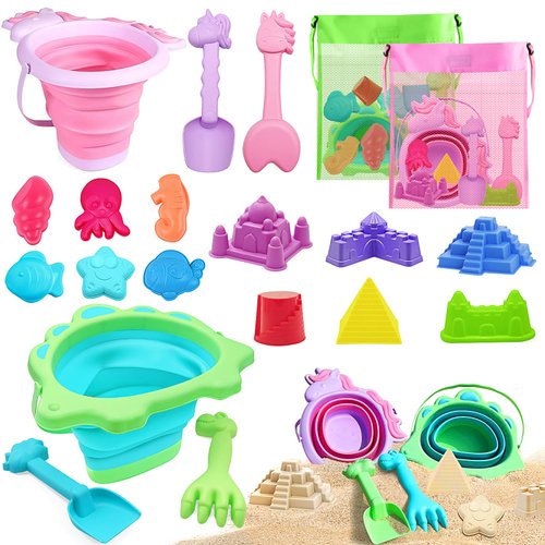 YZNlife Beach Sand Toys for Kids,20pcs Bucket and Spade Castle Sand Toys for Sand Pit with Collapsible Folding Bucket and Marine Animal Sand Moulds Toys for Children Toddles Age 3 4 5