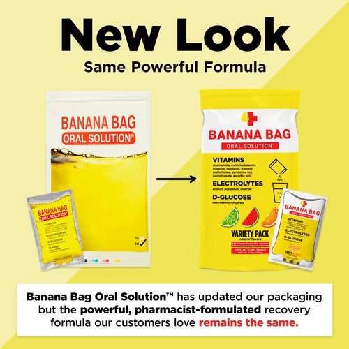 Banana Bag Oral Solution - Pharmacist Hydration Recovery Formula - Electrolyte & Vitamin Powder Packet Drink Mix - Variety Pack - Pack of 30