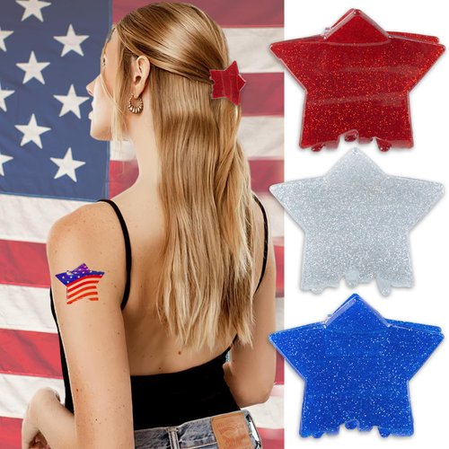 3Pcs Glitter Star Hair Claw Clips - Red, White and Blue USA Patriotic Sparkling Barrettes for Women, Girls, Independence Day & Daily Styling