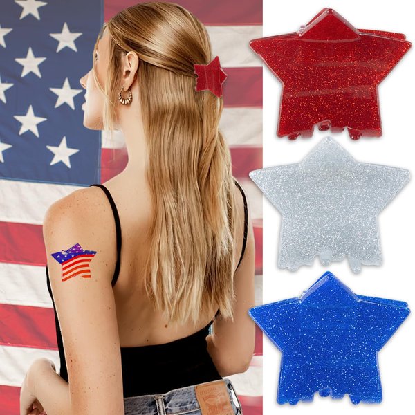 3Pcs Glitter Star Hair Claw Clips - Red, White and Blue USA Patriotic Sparkling Barrettes for Women, Girls, Independence Day & Daily Styling