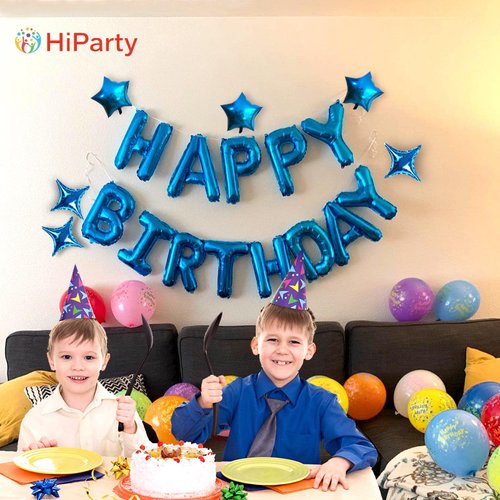 Blue Happy Birthday Balloons Banner, 3D Mylar Foil Letter Birthday Balloons with 6pcs Star Balloons, Birthday Party Decorations for Kids Boys Men Adults Birthday Party Supplies