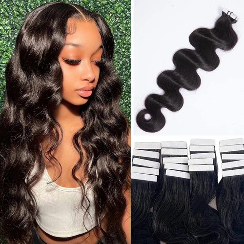 Invisible Hair Extensions Natural Wavy Tape ins for Black Women Brazilian Human Hair Extensions 20 Inch 20pcs 50grams Double Sided Long Body Wave PU Tape ins Double Side Skin Weft Real Human Hair