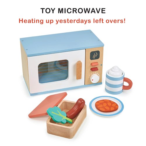 Mentari Toys - Toy Microwave - 9pc Wooden Microwave Set with Pretend Play Food - Kids Role Play Kitchen Accessories - Improve Social and Communication Skills - Sparks Creativity - Age 3+
