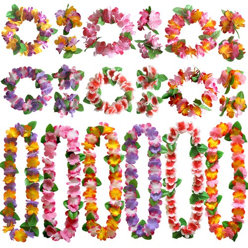 YAXAMING 24 Pcs Hawaiian Leis Headband Wristbands Hawaii Luau Tropical Leaf Flower Necklace Headpiece Hair Bands Hairband Bracelets Women Cosplay Summer Beach Wedding Dress Up Birthday Party Supplies