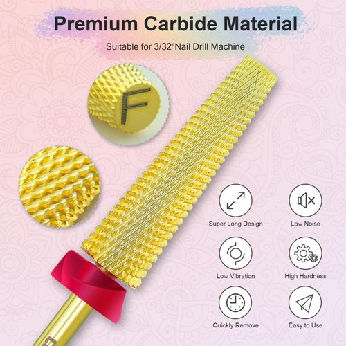Depvko Super Long 5 in 1 Nail Drill Bits, 3/32'' Carbide Tungsten Bits, Two Way Rotate Professional Advanced Safety Bits for Nail, Fast Remove for Manicure Pedicure Cuticle Gel Polishing(Fine-F, Gold)