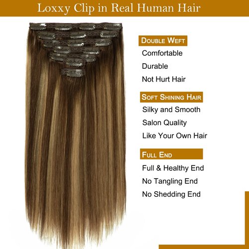 Loxxy Human Hair Extensions Ombre Chocolate Brown to Caramel Blonde Thick Silky Straight Clip in Double Weft Brazilian Human Hair Extensions Full Head color R#4-4/27 14 Inch 120g