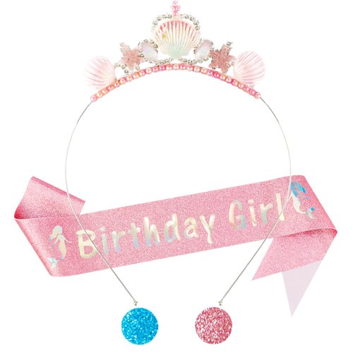 Didder Pink Mermaid Birthday Sash and Seashell Headband Party Outfit for Girls, Mermaid Theme Bir...