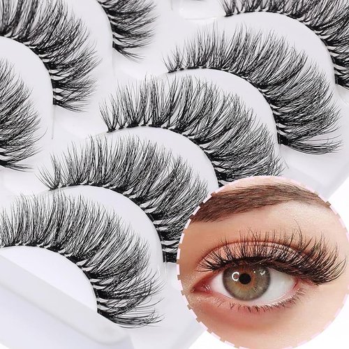 KSYOO 10 Pairs D Curl 8-15mm Cat Eye Lashes, Clear Band 3D Fluffy Wispy Faux Mink Lashes That Look Like Extensions,Semi-dramatic Russian Strip Eyelashes Pack-10 Pairs (Clear Band V1-10 Pair)