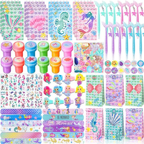 132 Pcs Mermaid Party Favors, Mermaid Birthday Party Favorsfor Kids with Mini Notebooks Pens Slap Bracelets Rings Hairpin Stampers Stickers Bags for Girls Mermaid Birthday Party Decorations Supplies
