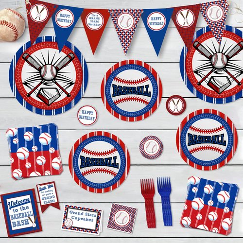 96 Pcs Baseball Plates Baseball Birthday Party Supplies Including Baseball Plates and Napkins Forks, Baseball Party Favors for Kids Baseball Party Decorations