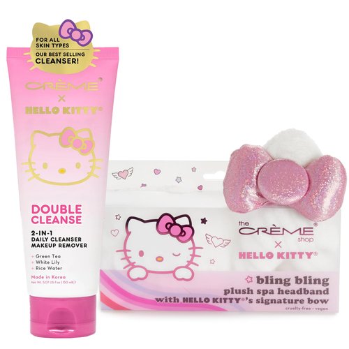 Glam Lux Beauty Bundle The Creme Shop X Hello Kitty Korean Skincare Spa Set 2 in 1 Double Cleanser Daily Cleanser & Makeup Remover & Bling Bling Plush Headband