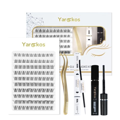 Yargkos DIY Individual Lash Extension Kit, 100Pcs False Lashes Clusters, C Curl Mix 10/12/14/16mm, Bond and Seal Glue, Eyelash Make Up Remover, Lash Tweezers, Home Use Lash Extensions Set, White-B4