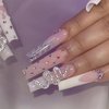 MISUD Press on Nails Long Square Fake Nails Glossy Glue on Nails White French Tip Acrylic Nails Squoval Ombre Artificial Nails Snake Rhinestone Stick on False Nails with Design 24 pcs