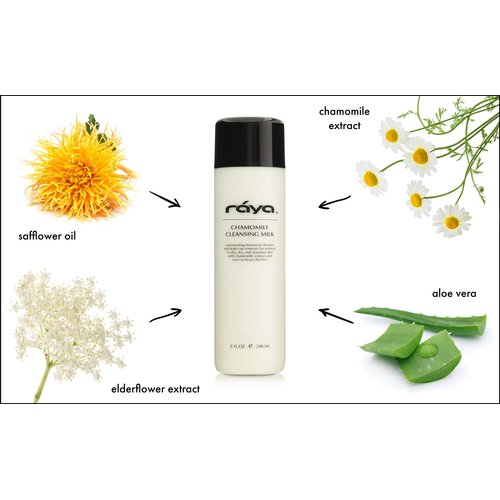 Raya Chamomile Facial Cleansing Milk 8 oz (152) | Gentle, Soap-Free Fluid Cleanser and Make-Up Removing Lotion for Dry and Sensitive Skin | Helps Calm Irritations and Refine Pores