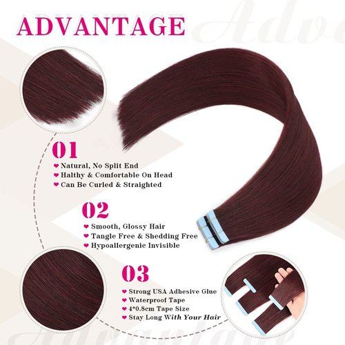 Tape in Hair Extensions Human Hair 100% Real Remy Human Hair Extensions Seamless Straight Hair extensions Real Human Hair Tape in Extensions 18Inch 20Pieces 50g/Set #99J Burgundy