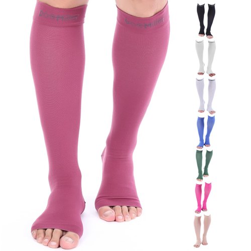 Doc Miller Open Toe Compression Socks Women and Men, 20-30 mmHg Toeless Compression Socks Women, Support Circulation Shin Splints and Calf Recovery, Varicose Veins, 1 Pair (Maroon, Small)