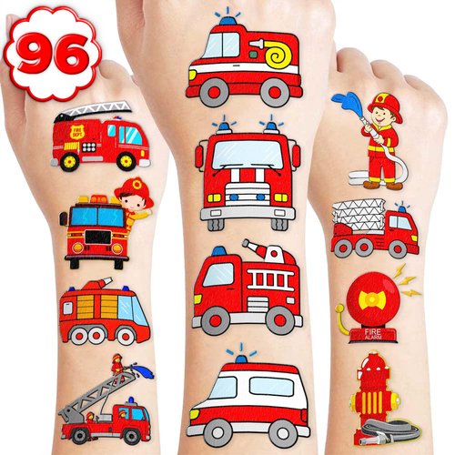 8 Sheets (96PCS) Fire Truck Temporary Tattoos Themed Firefighter Birthday Party Supplies Favors Decorations Stickers for Kids Gifts Classroom School Prizes Rewards