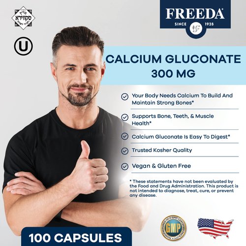 Freeda Calcium Gluconate - Kosher Vegan Calcium Supplement for Women & Men - Easy to Digest - Bone Health Supplement & Joint Support - Pure Calcium Supplement Without Vitamin D (500 Capsules)