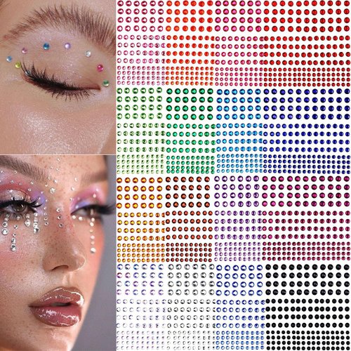2752 Pieces Self Adhesive Rhinestone Stickers Face Gems Stick on for Face Nail Body Makeup, 3 Size 16 Sheets Bling Jewels Stickers for DIY (3 Size 16 Colors)