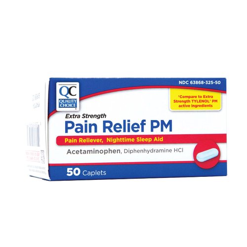 Quality Choice Extra Strength Pain Relief PM, Pain Reliever and Nighttime Sleep Aid, Acetaminophen 500 mg & Diphenhydramine HCI 25 mg (Sleep Aid), 50 Count Package of Caplets