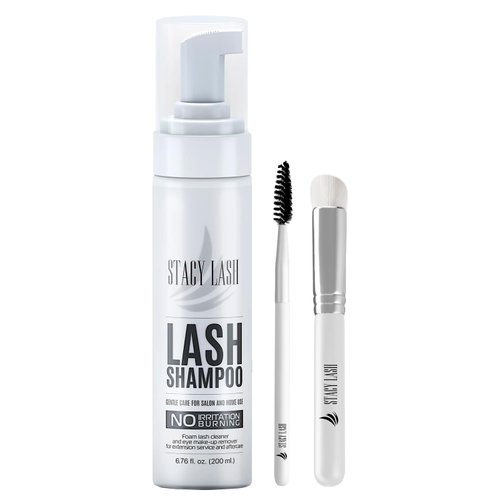 STACY LASH 6.76 fl.oz/200ml Eyelash Extension Shampoo + Brush/Eyelid & Eyebrows Foaming Cleanser/Wash for Extensions & Natural Lashes/Safe Makeup Remover/Supplies for Professional & Home Use