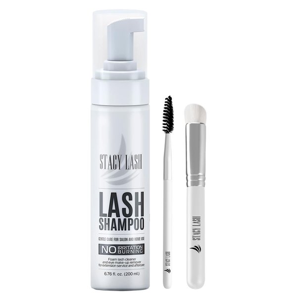 STACY LASH 6.76 fl.oz/200ml Eyelash Extension Shampoo + Brush/Eyelid & Eyebrows Foaming Cleanser/Wash for Extensions & Natural Lashes/Safe Makeup Remover/Supplies for Professional & Home Use