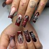Dark Red Halloween Press on Nails Long Square Shape Fake Nails with Spider Web Designs Halloween Red French Tip False Nails 3D Spider Skull Stick on Nails Long Halloween Glue on Nails for Women