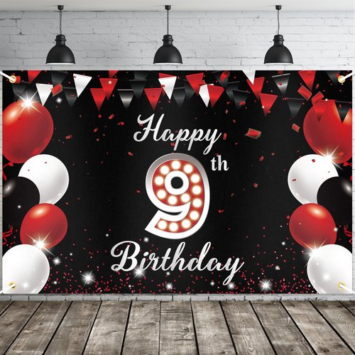 JOYKY Happy 9th Birthday Banner, Red Black Happy 9th Birthday Party Decorations for Boys Girls, 9 Year Old Birthday Supplies Backdrop Décor, 5.9 X 3.8 Fts