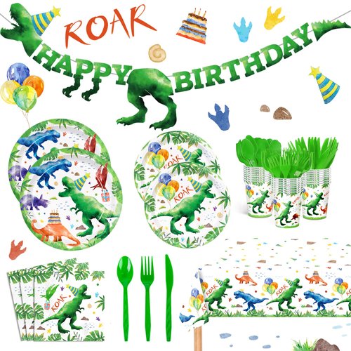 170pcs Dinosaur Party Supplies Watercolor Dinosaur Party Plates Napkins Dino Tableware Set Disposable Tablecloth Banner Dinosaur Theme Party Decoration for Boys Birthday Party Serves 24 Guests