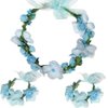 Flower Crown Headband Wristbands Rose Wreath Garland Hair Bands Wrist Bands Floral Wedding Bridal Hair Hoop Bracelet Women Leaf Ribbon Adjustable Handmade Rattan Vine Hair Accessories 3 Pack Blue