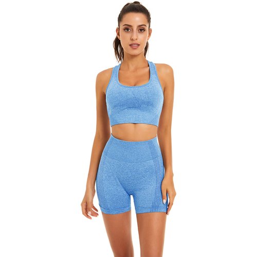 Toplook Women Seamless Yoga Workout Set 2 Piece Outfits Gym Shorts Sports Bra (Light Blue, Medium)