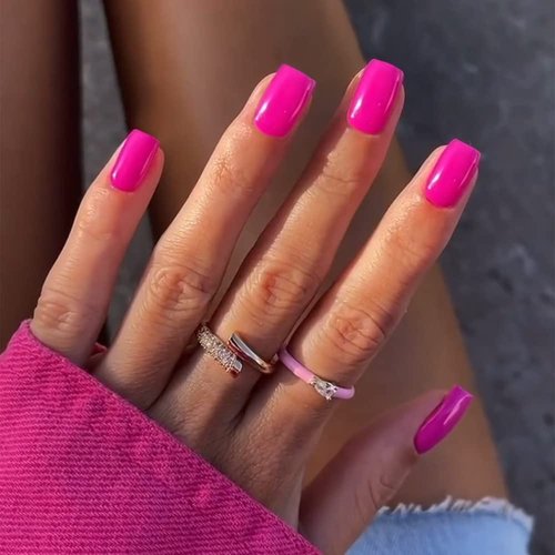 Hot Pink Short Square Press on Nails, KXAMELIE Glossy Nude Nails Press on,Finger Nails Press on with a Salon Quality, Elegant Fake Nails for Women Girls Daily wear in 24PCS