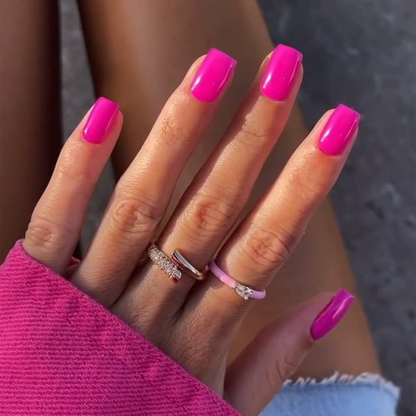Hot Pink Short Square Press on Nails, KXAMELIE Glossy Nude Nails Press on,Finger Nails Press on with a Salon Quality, Elegant Fake Nails for Women Girls Daily wear in 24PCS
