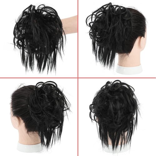 KETHBE Messy Bun Hair Piece,Synthetic Tousled updo Hair Buns Hair Piece Short Ponytail Faux Hair Scrunchie Extension with Elastic Rubber Band Fake Hair Bun Pieces Accessories for Women (Black)