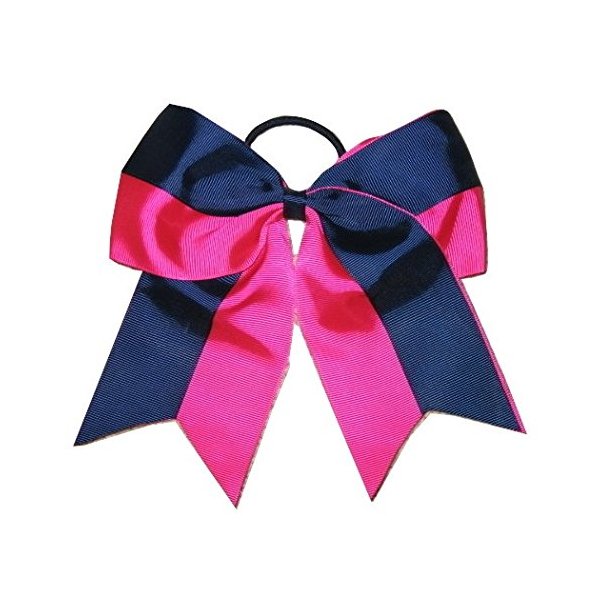 NEW "Two-Tone NAVY & PINK" Cheer Bow Pony Tail 7 Inch Girls Cheerleading Dance Practice Football Games School Uniform Competition Grosgrain Ribbon Elastic