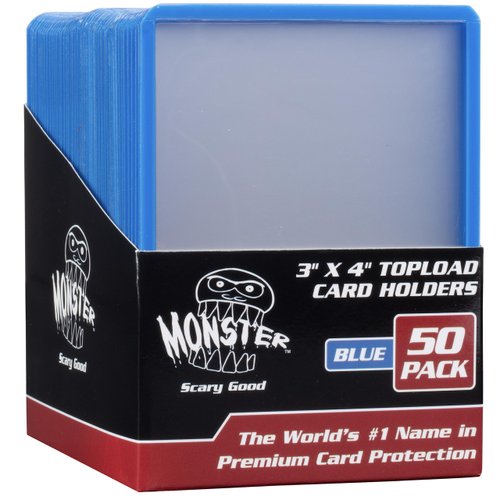 Monster Top Loaders for Collectible Trading Cards - 50 Count 3"x4" Clear Hard Plastic Protector (Blue Border) - Easily Sort Your TCG Cards by Color- Compatible w MTG, Magic Gathering, Yugioh, Sports