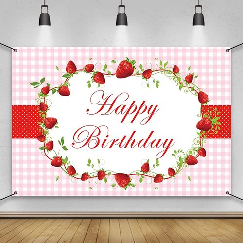 AWERT Polyester 6x3.6ft Happy Birthday Banner Red Strawberry Birthday Party Decorations Banner fo...