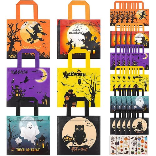 Halloween Treats Bags Party Favors - 30 pack Non-Woven Halloween Tote Gift Bags for Kids Trick or Treat Bags with 54 pcs Tattoos, Reusable Candy Bags Goodie Bag for Halloween Party Supplies(6 Pattern)