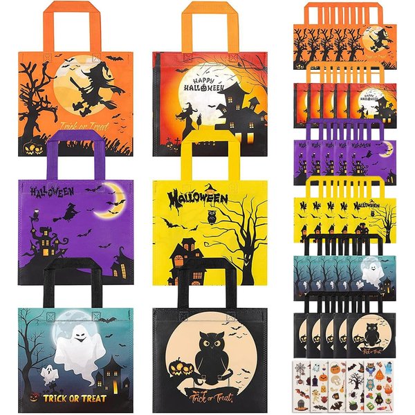 Halloween Treats Bags Party Favors - 30 pack Non-Woven Halloween Tote Gift Bags for Kids Trick or Treat Bags with 54 pcs Tattoos, Reusable Candy Bags Goodie Bag for Halloween Party Supplies(6 Pattern)