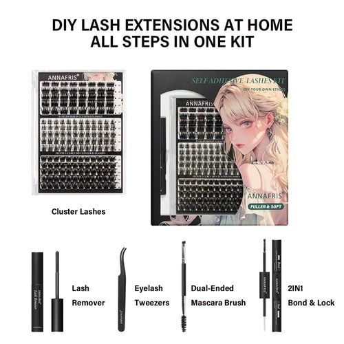 ANNAFRIS Lash Extension Kit,DIY Lash Clusters Eyelash Extensions Kit,Individual Lashes Kit with Lash Bond and Seal, Lash Remover and Lash Tweezers for Self Use (A-JS Kit)